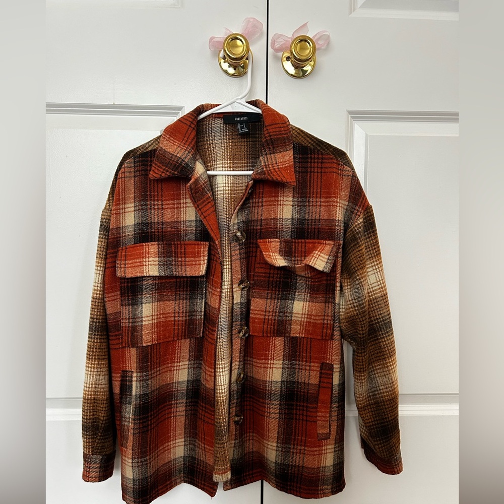 orange and brown, plaid flannel jacket, from Forever 21. Size Small, oversized.